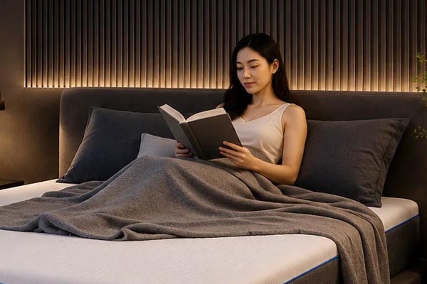 夜晚在床上閱讀放鬆的臥室情境